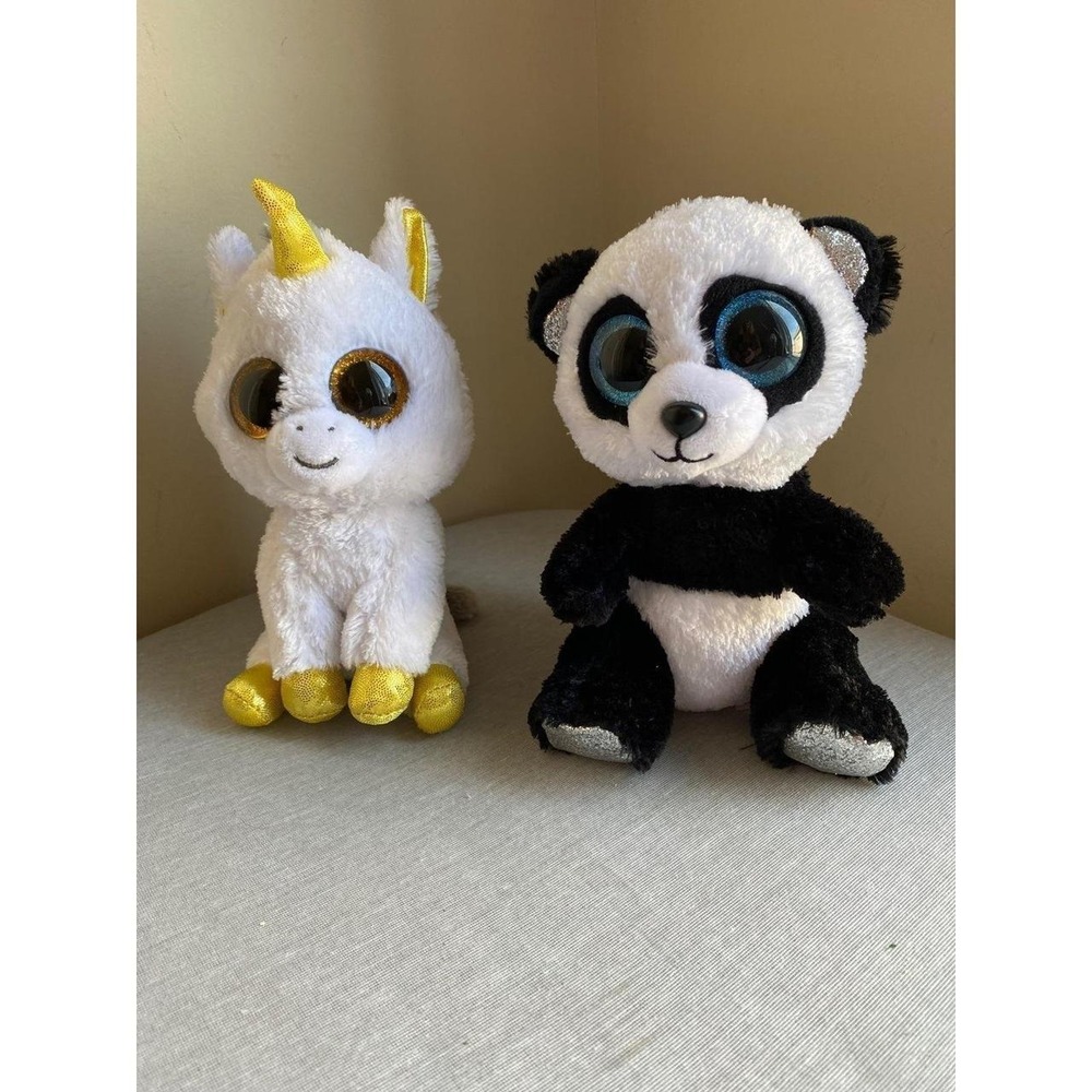 TY Beanie Boos TySilk Pegasus Unicorn & Bamboo Panda Lot Of 2 Plush Stuffed